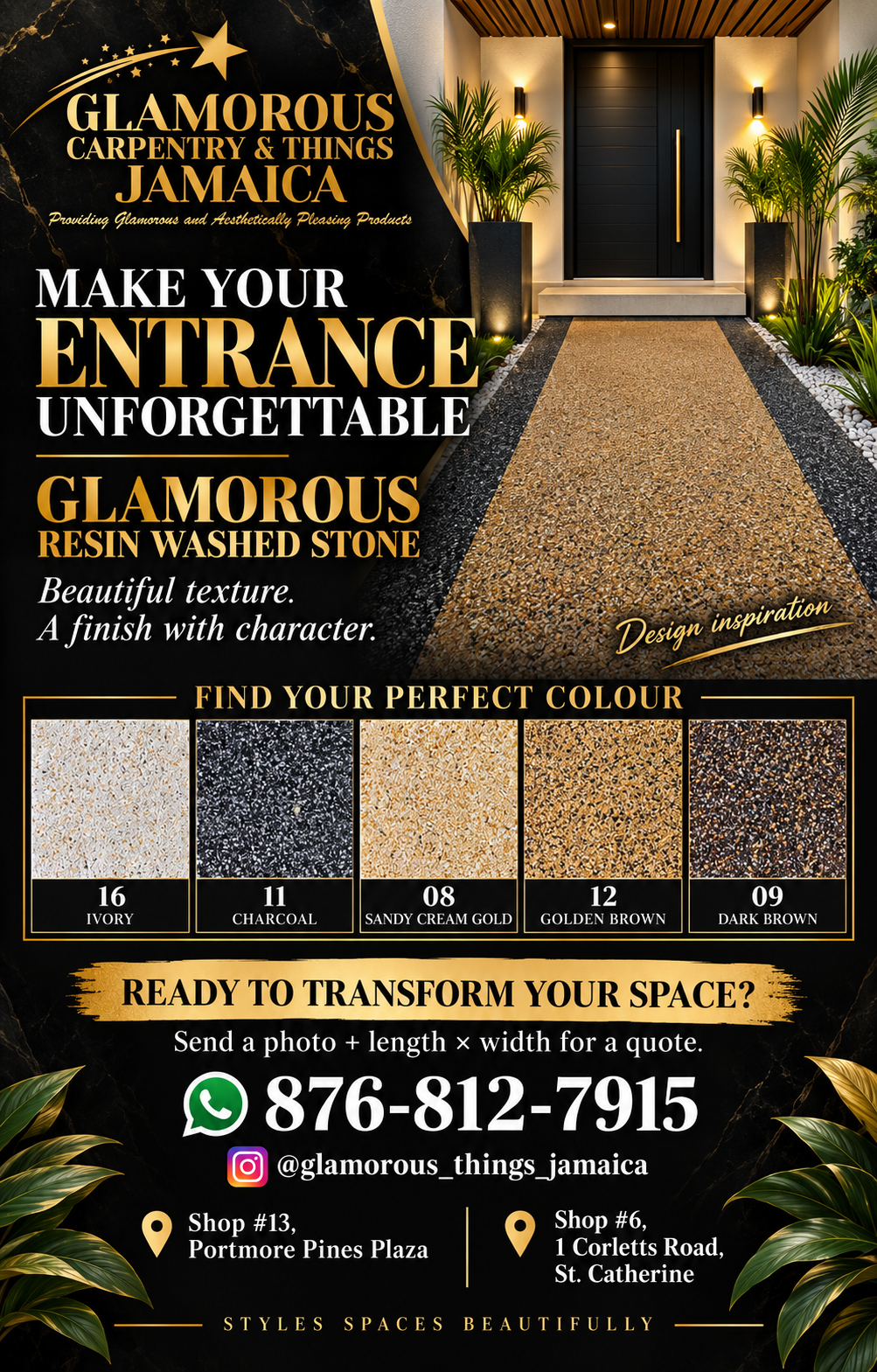 Glamorous resin washed stone promotional design showing a gold and charcoal entrance concept